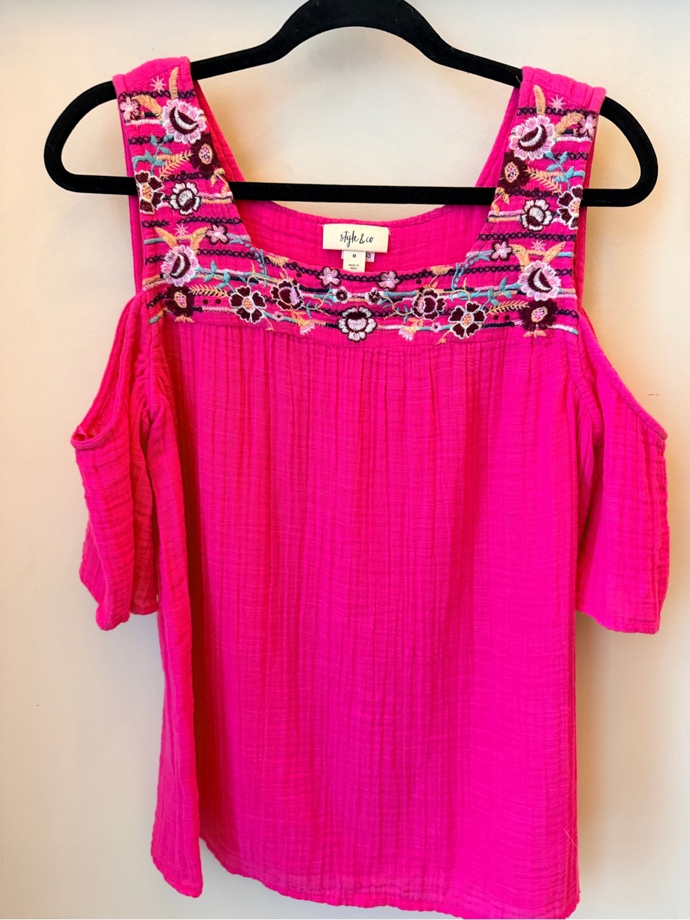 Boho Cottagecore Embroidered Hot Pink Cold Shoulder Top Style & Co M